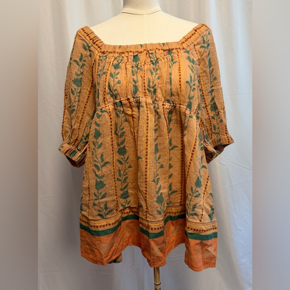 Free People Santorini Tunic Top Small Boho Floral Blouse Brown Green Flowy NWOT